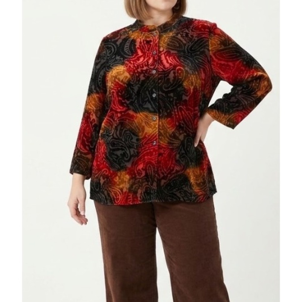 JM Collection Blouse 1X Multicolor Paisley Burnout Velvet Mandarin Collar Top